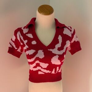 Cider Red and Light Pink Short Sleeve V-Neck Sweater